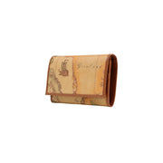 Portefeuille zippé beige pour femme Alviero Martini Prima Classe, orné d'une carte vintage de navires et de bords en cuir marron.