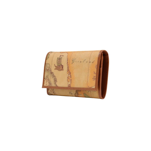 Portefeuille zippé beige pour femme Alviero Martini Prima Classe, orné d'une carte vintage de navires et de bords en cuir marron.