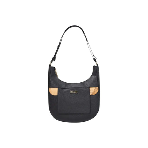 Sac bandoulière hobo en cuir noir pour femme Alviero Martini Prima Classe, orné de détails en liège beige et du logo Klasse doré.
