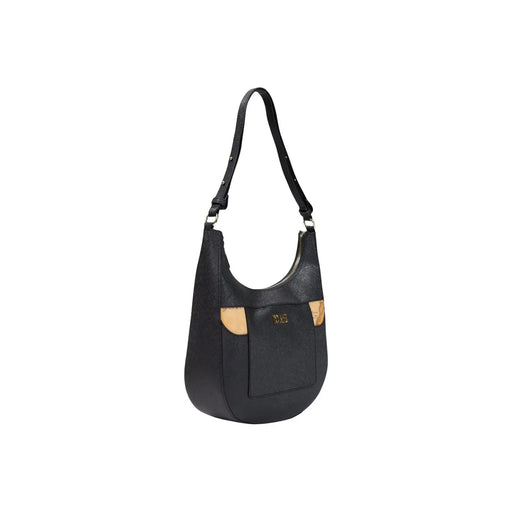 Sac bandoulière hobo Alviero Martini Prima Classe pour femme, en cuir noir, avec détails beiges et plaque logo dorée.