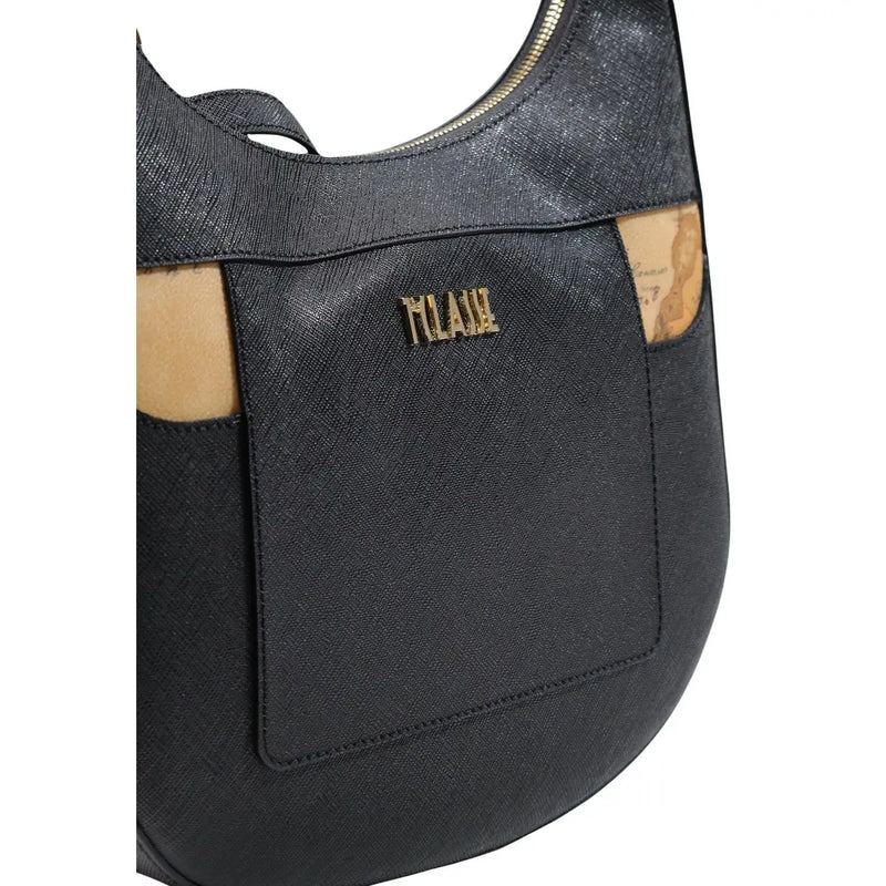 Alviero Martini Prima Classe women black shoulder bag in textured leather with gold-tone Milan logo and tan map accents
