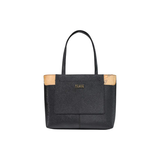 Sac à main femme Alviero Martini Prima Classe, cabas en PVC texturé noir avec détails en cuir beige et logo plissé doré