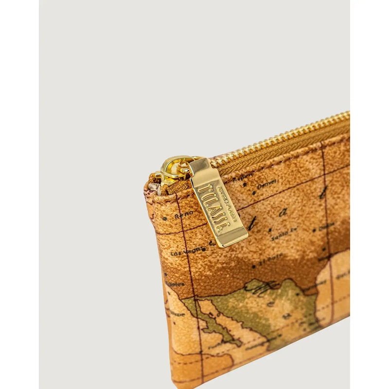 Alviero Martini Prima Classe women leather bag beige small with vintage map print zippered pouch and gold fila zipper pull