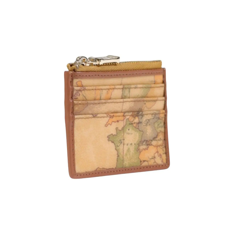 Portefeuille femme Alviero Martini Prima Classe en cuir beige, doté d'un porte-cartes compact en cuir fauve orné d'une carte du monde vintage.