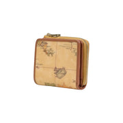 Portefeuille femme Alviero Martini Prima Classe en cuir beige, petit format, orné d'un motif carte vintage et d'une fermeture éclair dorée.