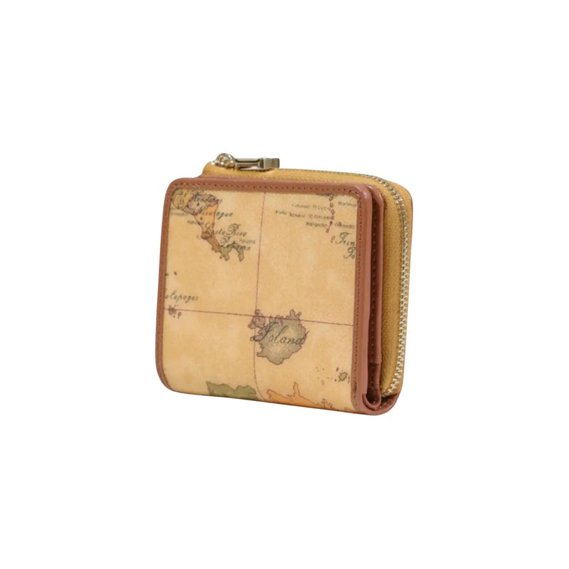 Portefeuille femme Alviero Martini Prima Classe en cuir beige, petit format, orné d'un motif carte vintage et d'une fermeture éclair dorée.