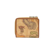 Portefeuille femme Alviero Martini Prima Classe en cuir beige, cuir tanné vintage et motif carte ancienne avec chariot en bois