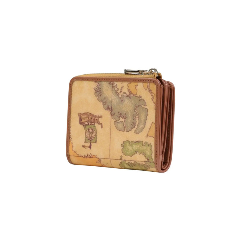 Portefeuille femme Alviero Martini Prima Classe en cuir beige, petit format, avec détails en cuir fauve et motif carte vintage