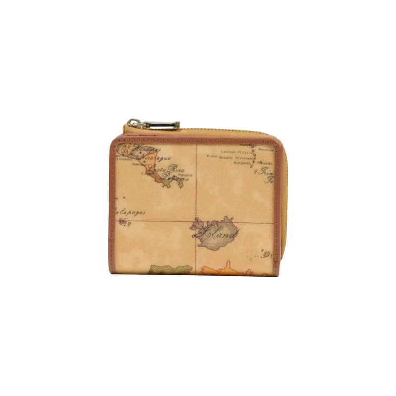 Portefeuille femme Alviero Martini Prima Classe en cuir beige, petit format, orné d'un motif carte vintage et de cuir fauve.