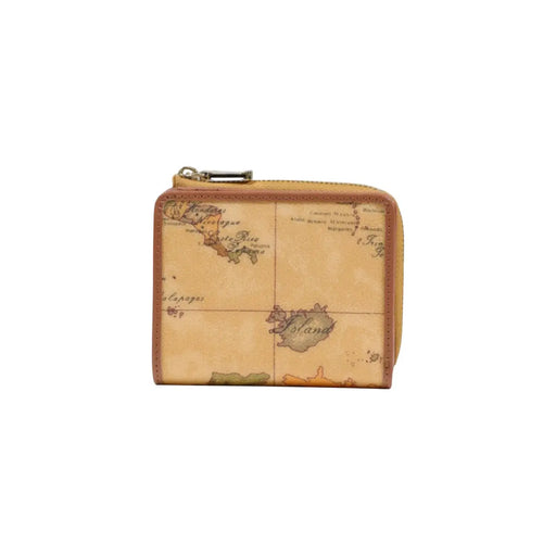 Portefeuille femme Alviero Martini Prima Classe en cuir beige, petit format, orné d'un motif carte vintage et de cuir fauve.