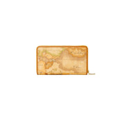 Portefeuille zippé pour femme Alviero Martini Prima Classe en cuir fauve, orné d'une carte du monde vintage et de finitions dorées.