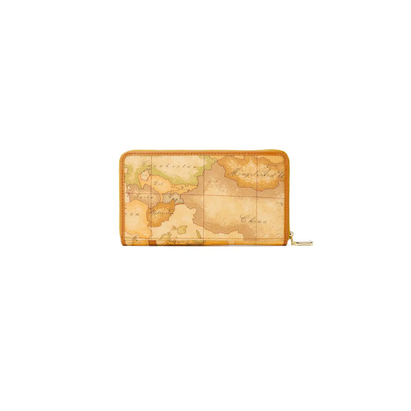 Portefeuille zippé pour femme Alviero Martini Prima Classe en cuir fauve, orné d'une carte du monde vintage et de finitions dorées.