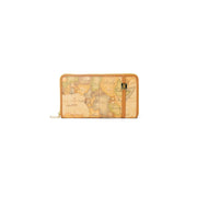 Portefeuille zippé en cuir beige Alviero Martini Prima Classe pour femme, orné de cuir fauve et d'une carte du monde vintage imprimée.