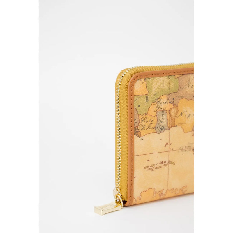 Portefeuille zippé en cuir beige pour femme Alviero Martini Prima Classe, orné d'un imprimé carte vintage et de détails vert olive.