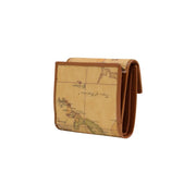 Portefeuille femme Alviero Martini Prima Classe beige à trois volets, motif carte vintage et finitions en cuir marron, 12 x 10 x 2 cm