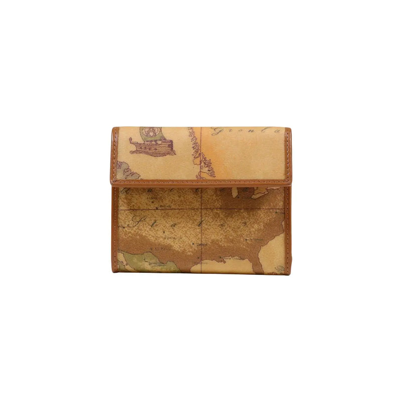 Portefeuille femme Alviero Martini Prima Classe en cuir beige, orné d'une carte ancienne et d'un voilier, 12 x 10 x 2 cm