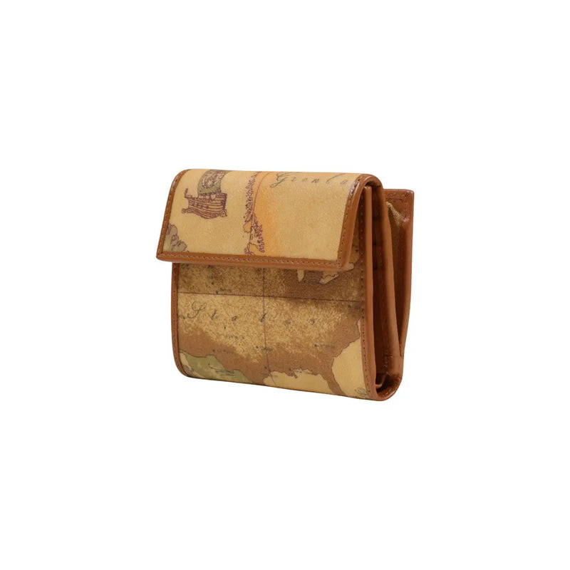 Portefeuille femme Alviero Martini Prima Classe en cuir beige-marron avec motif de carte détaillé aux tons sépia, 12 x 10 x 2 cm