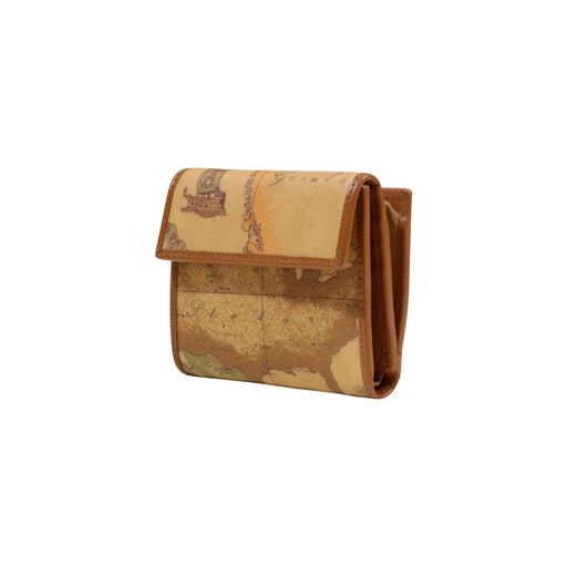 Portefeuille femme Alviero Martini Prima Classe en cuir beige-marron avec motif de carte détaillé aux tons sépia, 12 x 10 x 2 cm