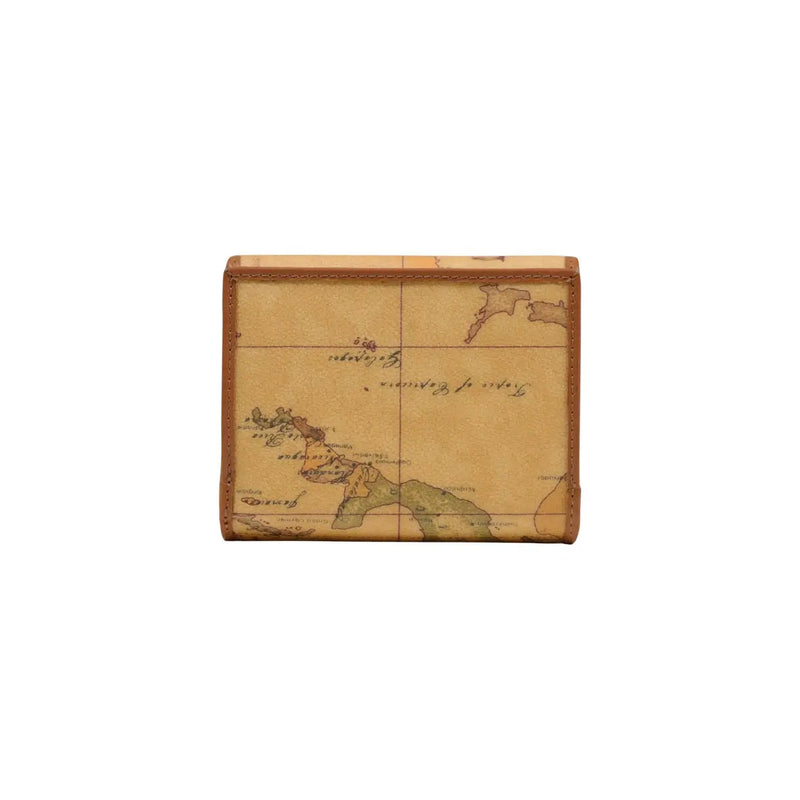 Portefeuille femme Alviero Martini Prima Classe beige à motif carte vintage, bords en cuir fauve et surface en papier vieilli