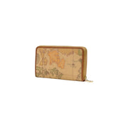 Portefeuille femme Alviero Martini Prima Classe en cuir beige, fermeture éclair rectangulaire, imprimé carte du monde vintage et finitions camel.
