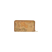 Portefeuille femme Alviero Martini Prima Classe en cuir beige avec imprimé carte du monde vintage et finitions en cuir fauve, rectangulaire à fermeture éclair.