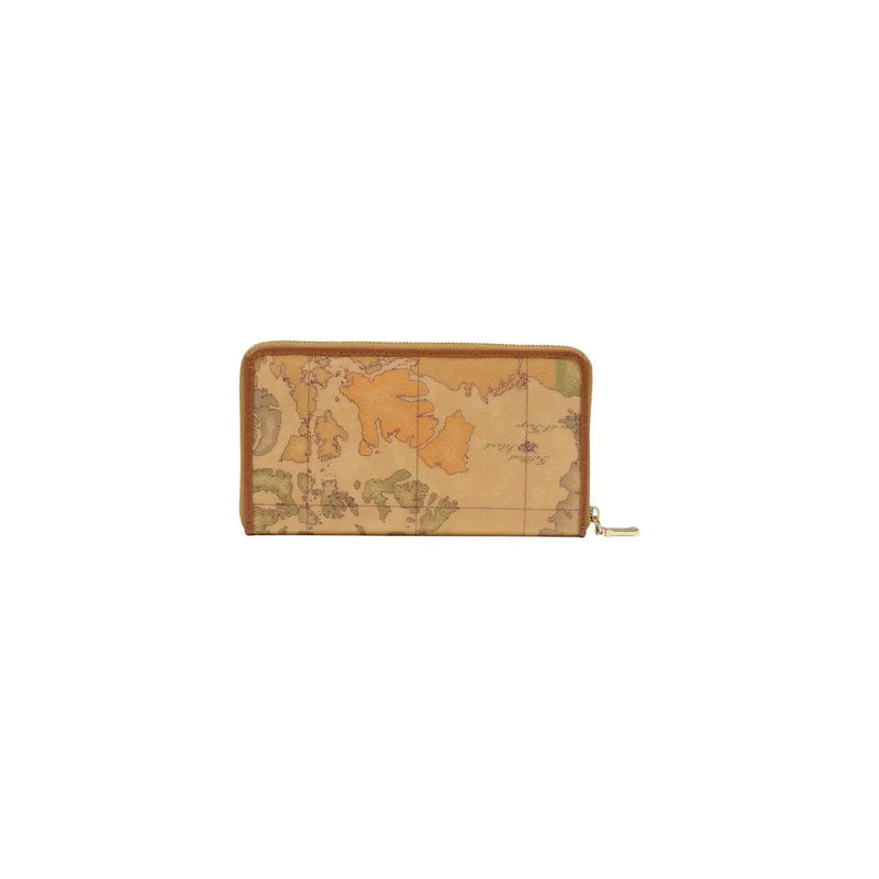 Portefeuille femme Alviero Martini Prima Classe en cuir beige avec imprimé carte du monde vintage et finitions en cuir fauve, rectangulaire à fermeture éclair.