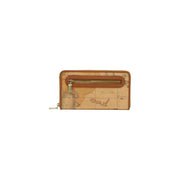 Portefeuille femme Alviero Martini Prima Classe en cuir beige orné d'un motif carte vintage marron et beige, avec tirette de fermeture éclair métallique