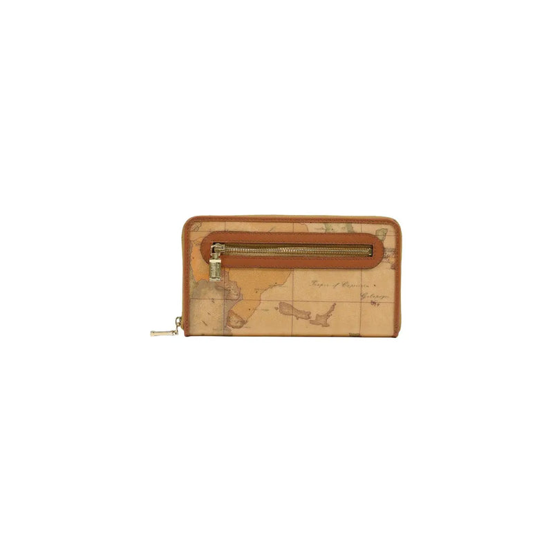 Portefeuille femme Alviero Martini Prima Classe en cuir beige orné d'un motif carte vintage marron et beige, avec tirette de fermeture éclair métallique