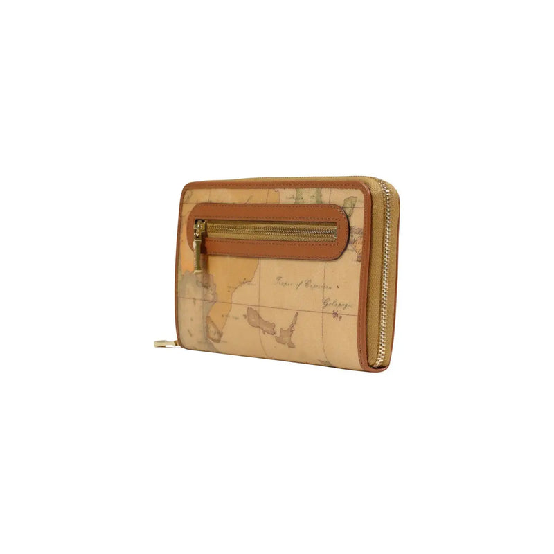 Portefeuille femme beige Alviero Martini Prima Classe, orné d'une carte vintage et de finitions en cuir fauve.