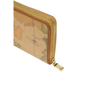 Portefeuille femme Alviero Martini Prima Classe en cuir beige orné d'une carte vintage, tons olive et fermeture éclair dorée.