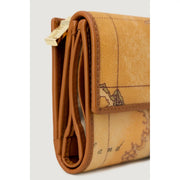 Portefeuille femme Alviero Martini Prima Classe en cuir marron clair, orné d'une carte vintage et d'une tirette de fermeture éclair dorée.