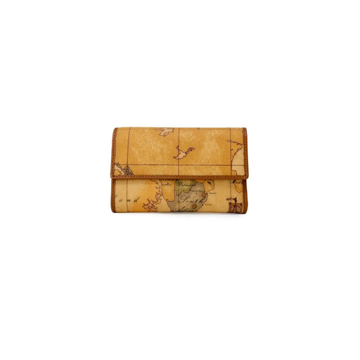 Portefeuille femme Alviero Martini Prima Classe L15 en cuir jaune avec un motif de carte du monde complexe et des bordures marron