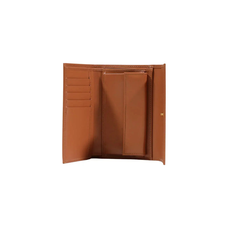 Portefeuille femme Alviero Martini Prima Classe en cuir fauve à trois volets, avec plusieurs emplacements pour cartes et compartiment central