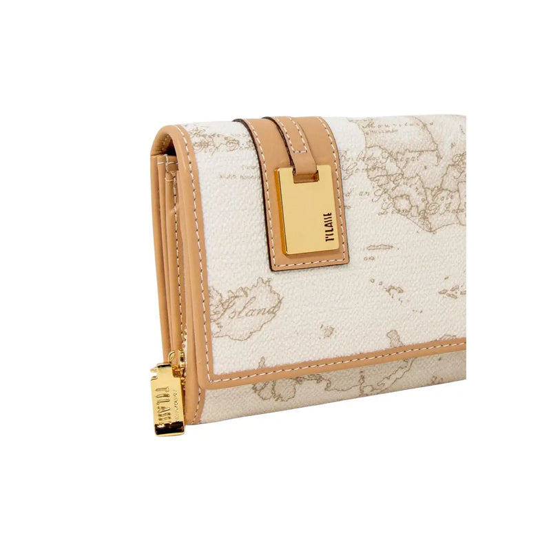 Portefeuille femme Alviero Martini Prima Classe en cuir blanc avec imprimé carte du monde vintage crème, finitions beige et détails dorés.