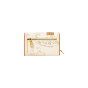 Portefeuille femme Alviero Martini Prima Classe en cuir blanc avec imprimé carte du monde crème, finitions beiges et fermeture éclair dorée.