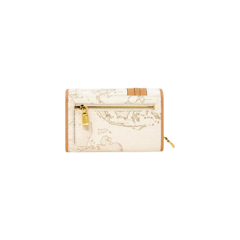 Portefeuille femme Alviero Martini Prima Classe en cuir blanc avec imprimé carte du monde crème, finitions beiges et fermeture éclair dorée.