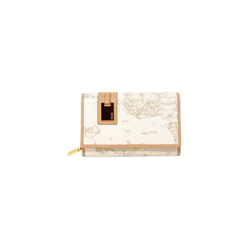 Portefeuille femme Alviero Martini Prima Classe couleur crème, orné d'un imprimé carte vintage, de finitions en cuir fauve et d'une tirette de fermeture éclair dorée.