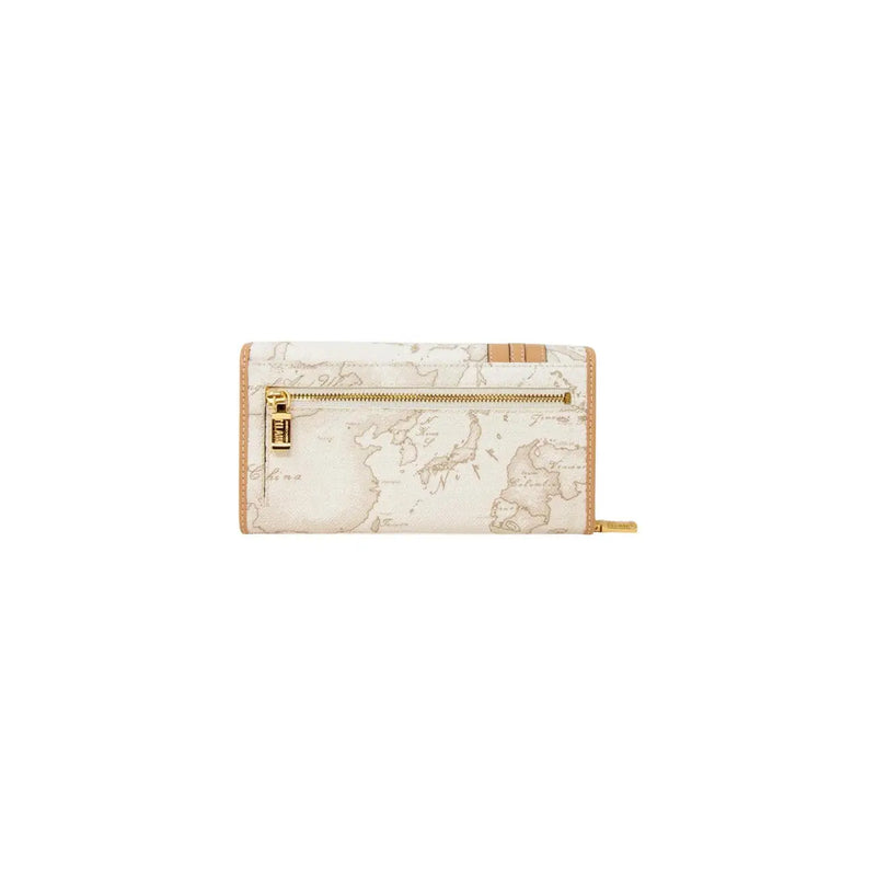 Portefeuille femme Beige Alviero Martini Prima Classe en cuir blanc orné d'une carte du monde et d'une fermeture éclair dorée