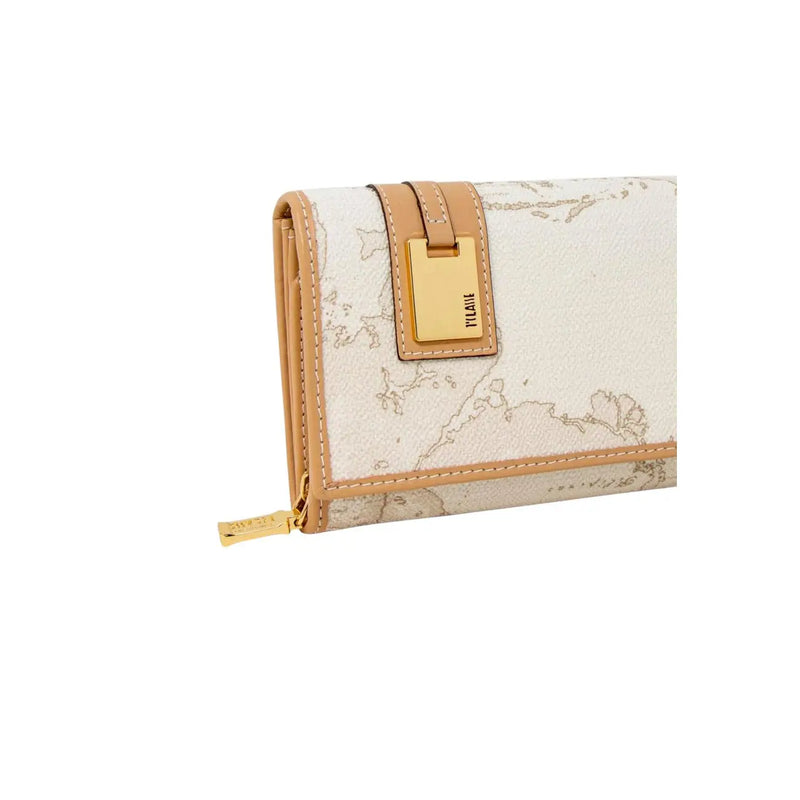Portefeuille femme Alviero Martini Prima Classe beige, orné d'un discret imprimé carte du monde, de finitions en cuir fauve et d'accessoires dorés.