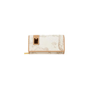 Portefeuille femme Alviero Martini Prima Classe en cuir blanc à motif marbré, finitions beiges et tirette de fermeture éclair dorée