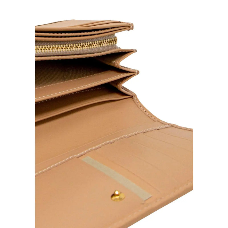 Portefeuille femme Alviero Martini Prima Classe en cuir blanc avec dos en cuir fauve, fermeture éclair et surpiqûres dorées.
