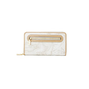 Portefeuille zippé blanc pour femme Alviero Martini Prima Classe, format 12 x 19 cm, motif marbre blanc et beige et finitions dorées.