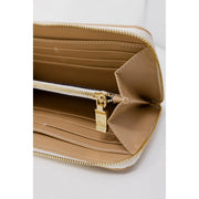 Portefeuille femme Alviero Martini Prima Classe en cuir beige, fermeture éclair blanche et tirette dorées, 12 x 19 cm