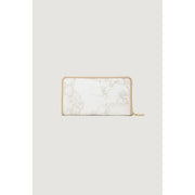 Portefeuille zippé blanc pour femme Alviero Martini Prima Classe, motif marbre gris et garniture en cuir beige, 12 x 19 cm
