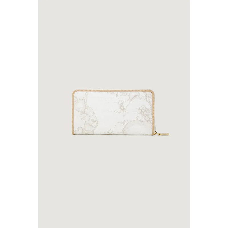 Portefeuille zippé blanc pour femme Alviero Martini Prima Classe, motif marbre gris et garniture en cuir beige, 12 x 19 cm