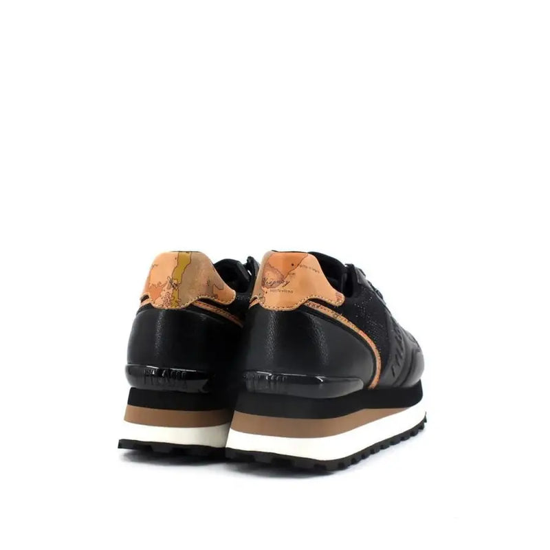 Back view of Alviero Martini Prima Classe women’s black and tan leather sneakers with vintage map design on heel tab