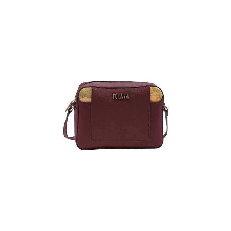 Alviero Martini women bag bordeaux PVC crossbody with textured surface and gold-toned map-patterned accents