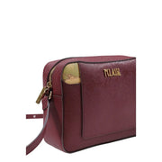 Alviero Martini women bag bordeaux pvc crossbody with maroon textured leather gold hardware and world map patch front view