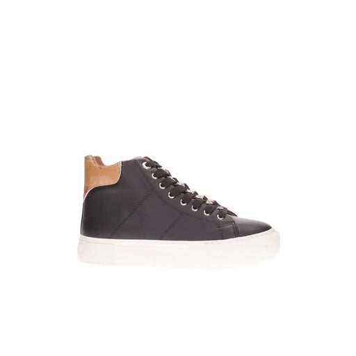 Mocassins noirs à talons hauts pour femmes Alviero Martinitop basket avec empiècement en cuir beige au talon et semelle en caoutchouc blanc (vue arrière)