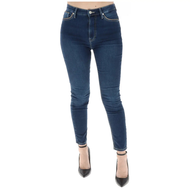 Jean skinny taille haute bleu Alviero Martini pour femme, en denim de coton à la texture classique et aux subtils détails délavés.